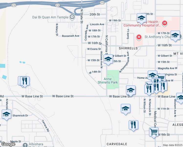 map of restaurants, bars, coffee shops, grocery stores, and more near 2039 West 14th Street in San Bernardino