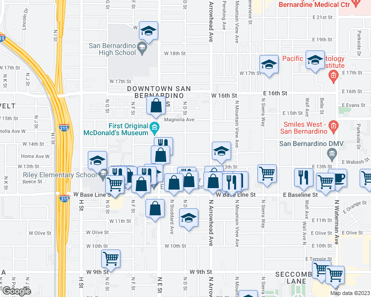map of restaurants, bars, coffee shops, grocery stores, and more near 1351 North D Street in San Bernardino