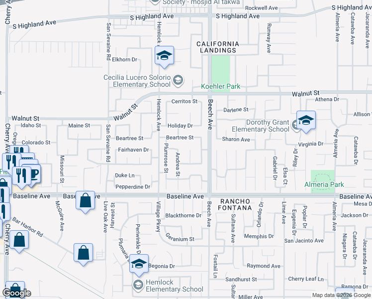 map of restaurants, bars, coffee shops, grocery stores, and more near 7140 Ironridge Court in Fontana