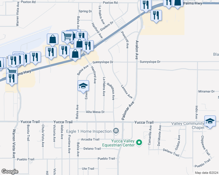 map of restaurants, bars, coffee shops, grocery stores, and more near 7070 Rubidoux Avenue in Yucca Valley