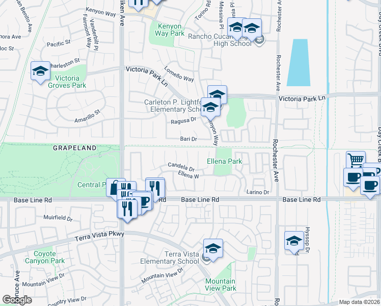 map of restaurants, bars, coffee shops, grocery stores, and more near 7117 Sapri Place in Rancho Cucamonga