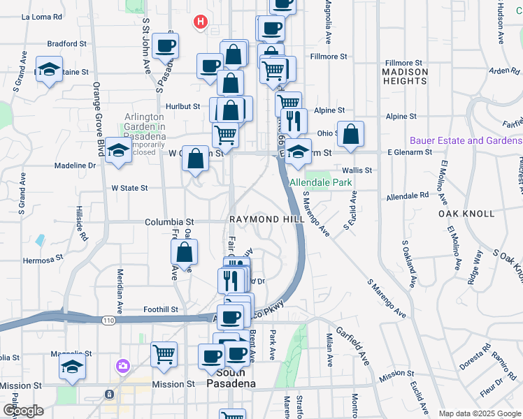 map of restaurants, bars, coffee shops, grocery stores, and more near 1648 Raymond Hill Road in South Pasadena