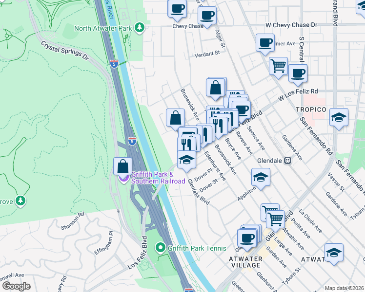 map of restaurants, bars, coffee shops, grocery stores, and more near 4026 Garden Avenue in Los Angeles