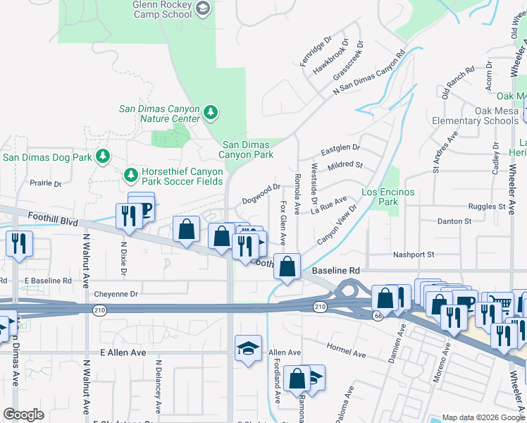 map of restaurants, bars, coffee shops, grocery stores, and more near 4703 Blackrock Avenue in La Verne