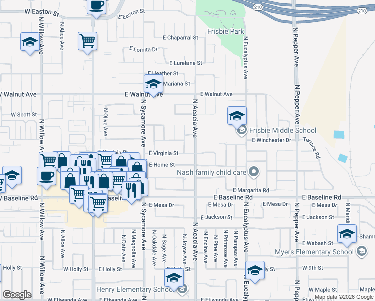 map of restaurants, bars, coffee shops, grocery stores, and more near 1394 North Joyce Avenue in Rialto