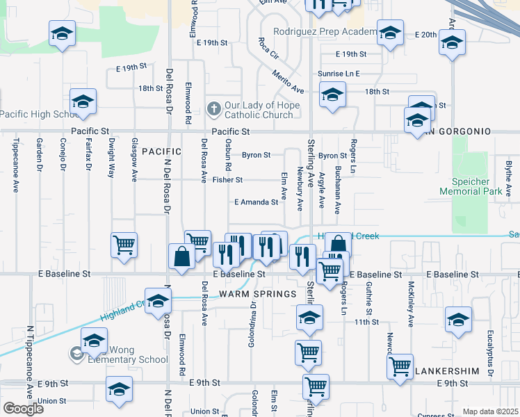 map of restaurants, bars, coffee shops, grocery stores, and more near 25521 East Amanda Street in San Bernardino