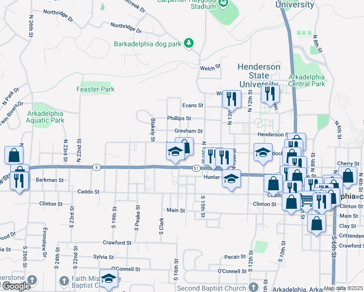 map of restaurants, bars, coffee shops, grocery stores, and more near 1606 Logan Street in Arkadelphia