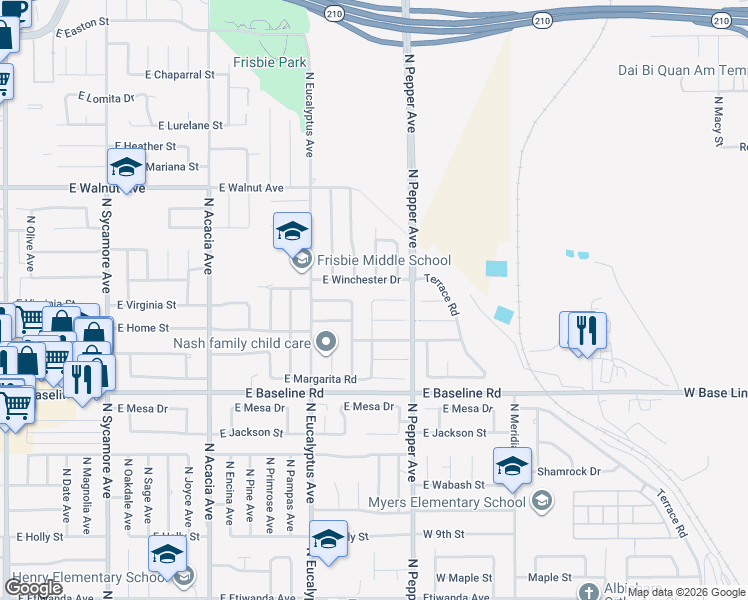 map of restaurants, bars, coffee shops, grocery stores, and more near 858 East Virginia Street in Rialto