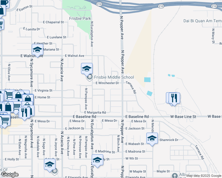 map of restaurants, bars, coffee shops, grocery stores, and more near 822 East Virginia Street in Rialto
