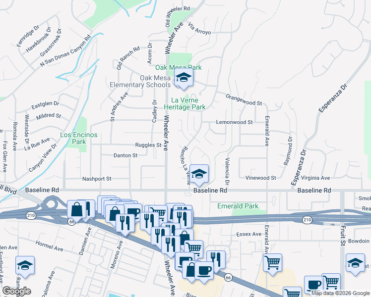 map of restaurants, bars, coffee shops, grocery stores, and more near Rancho La Verne in La Verne