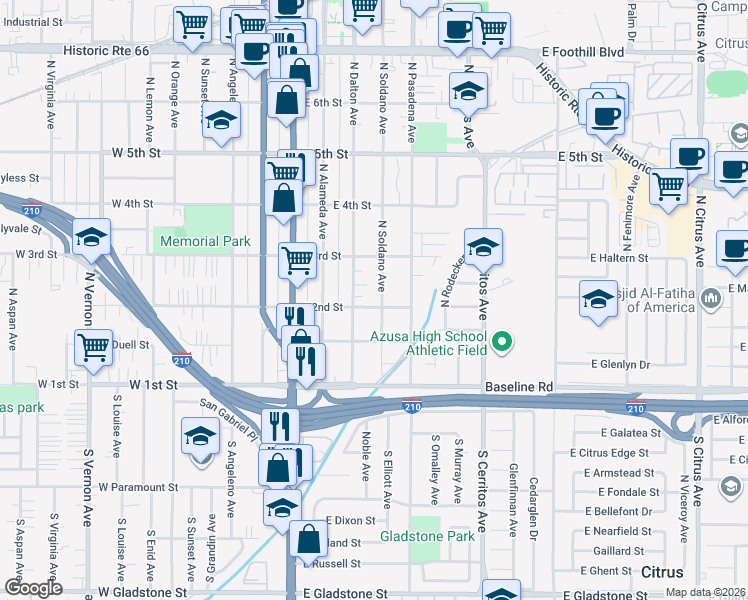 map of restaurants, bars, coffee shops, grocery stores, and more near 218 1/2 North Dalton Avenue in Azusa