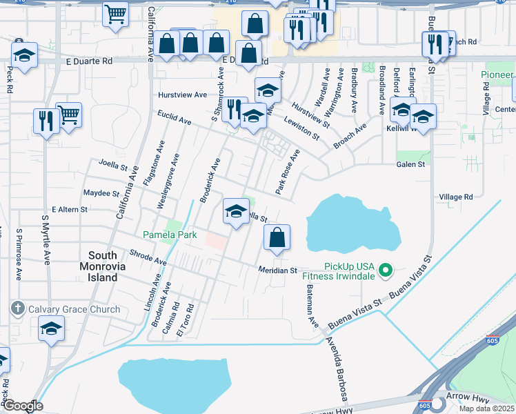 map of restaurants, bars, coffee shops, grocery stores, and more near 2124 Citrus View Avenue in Duarte