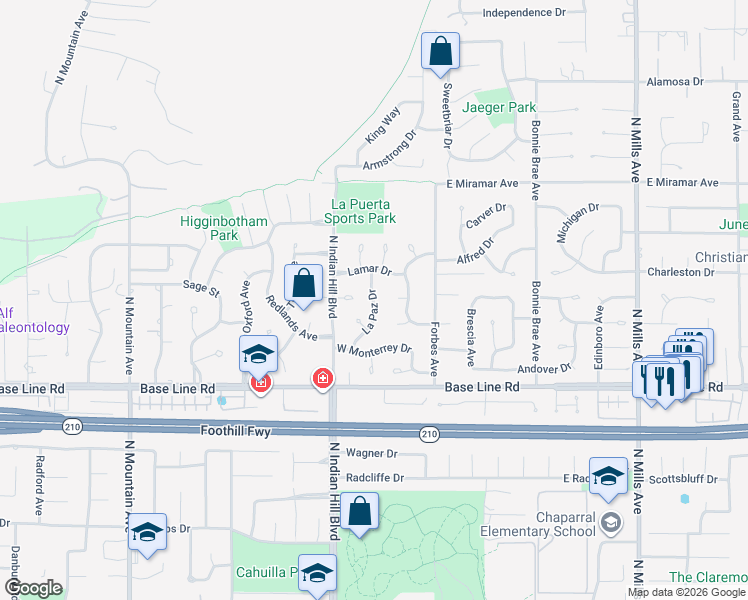 map of restaurants, bars, coffee shops, grocery stores, and more near 2244 La Paz Drive in Claremont