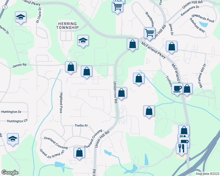 map of restaurants, bars, coffee shops, grocery stores, and more near 1480 Waverly Glen Drive in Alpharetta