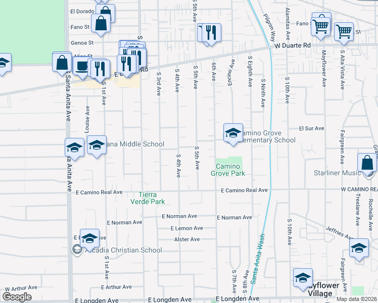 map of restaurants, bars, coffee shops, grocery stores, and more near 420 Leda Lane in Arcadia