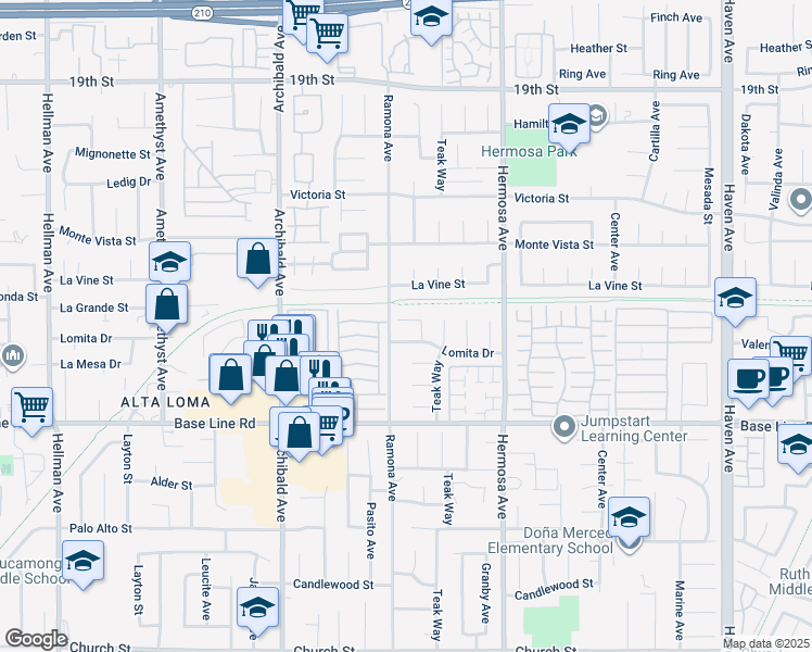 map of restaurants, bars, coffee shops, grocery stores, and more near 9927 Albany Avenue in Rancho Cucamonga