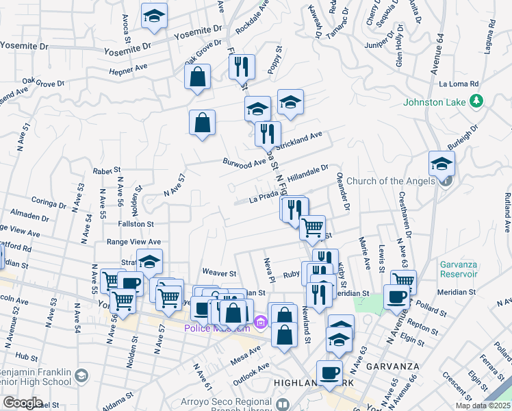 map of restaurants, bars, coffee shops, grocery stores, and more near 6040 La Prada in Los Angeles