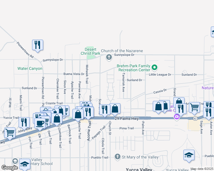 map of restaurants, bars, coffee shops, grocery stores, and more near 56254 29 Palms Highway in Yucca Valley