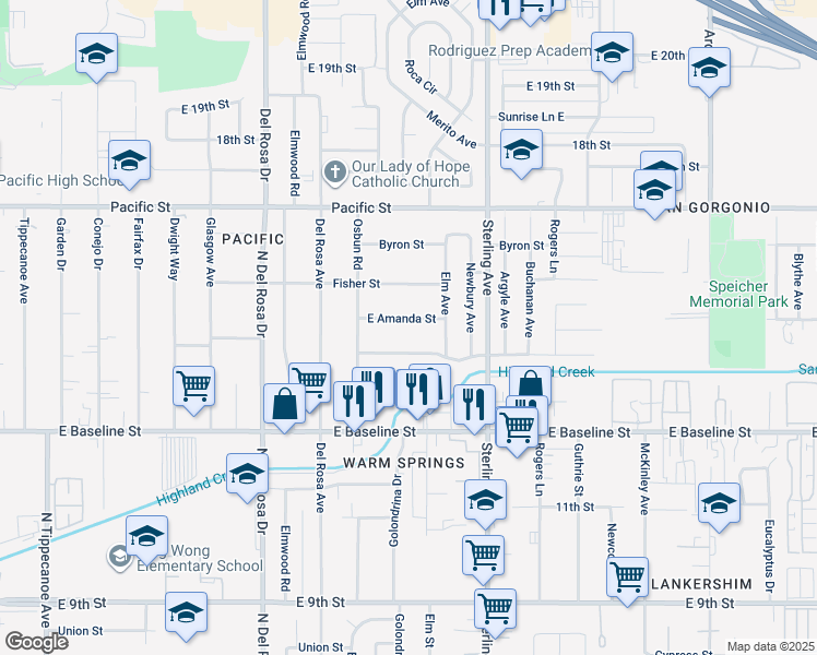 map of restaurants, bars, coffee shops, grocery stores, and more near 25521 East Amanda Street in San Bernardino