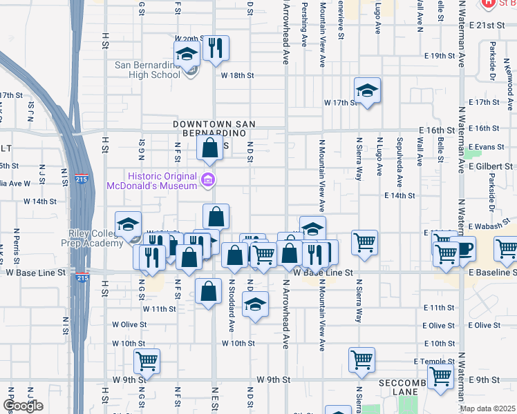 map of restaurants, bars, coffee shops, grocery stores, and more near 1351 North D Street in San Bernardino