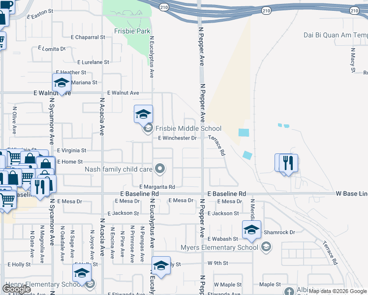 map of restaurants, bars, coffee shops, grocery stores, and more near 858 East Virginia Street in Rialto