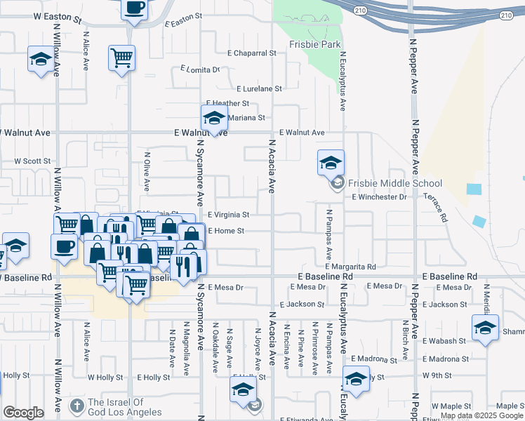 map of restaurants, bars, coffee shops, grocery stores, and more near 1394 North Joyce Avenue in Rialto