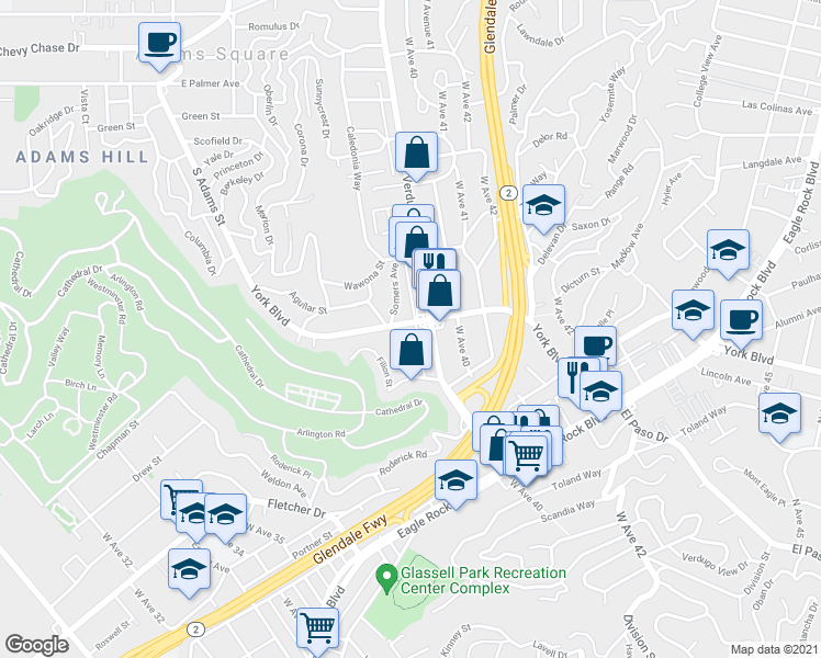 map of restaurants, bars, coffee shops, grocery stores, and more near 3907 York Boulevard in Los Angeles
