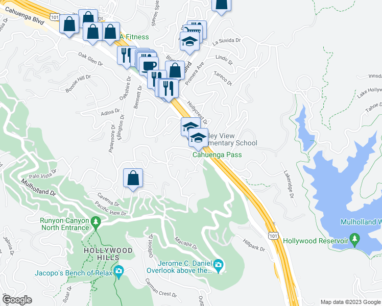 map of restaurants, bars, coffee shops, grocery stores, and more near 6904 Woodrow Wilson Dr in Los Angeles