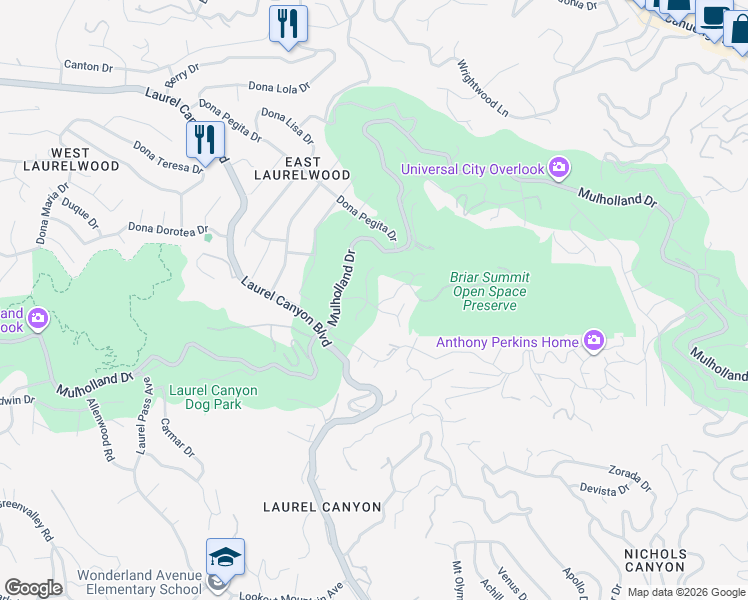 map of restaurants, bars, coffee shops, grocery stores, and more near 8027 Briar Summit Drive in Los Angeles