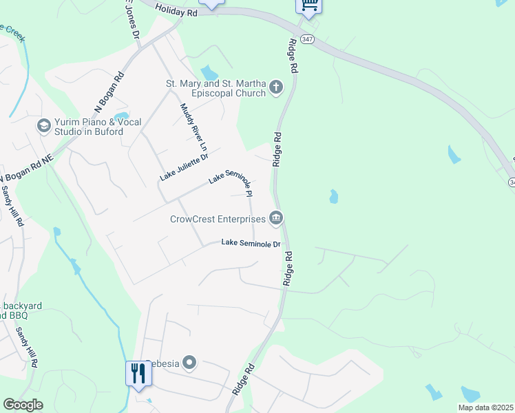 map of restaurants, bars, coffee shops, grocery stores, and more near 3175 Lake Seminole Place in Buford