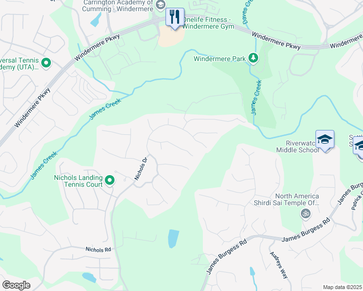 map of restaurants, bars, coffee shops, grocery stores, and more near 1015 Pebble Creek Trail in Suwanee