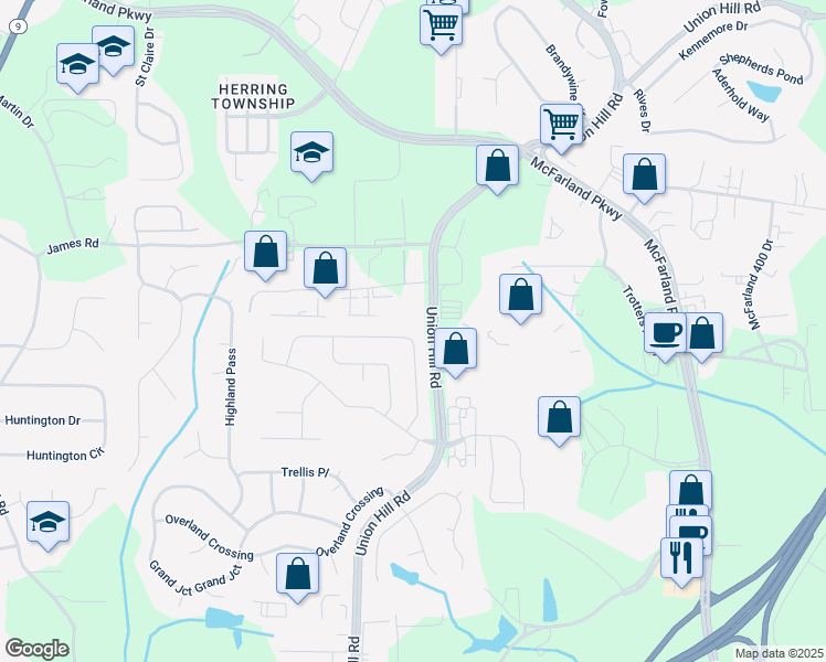 map of restaurants, bars, coffee shops, grocery stores, and more near 1480 Waverly Glen Drive in Alpharetta