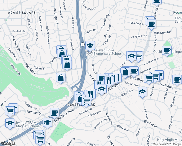 map of restaurants, bars, coffee shops, grocery stores, and more near 4159 York Boulevard in Los Angeles