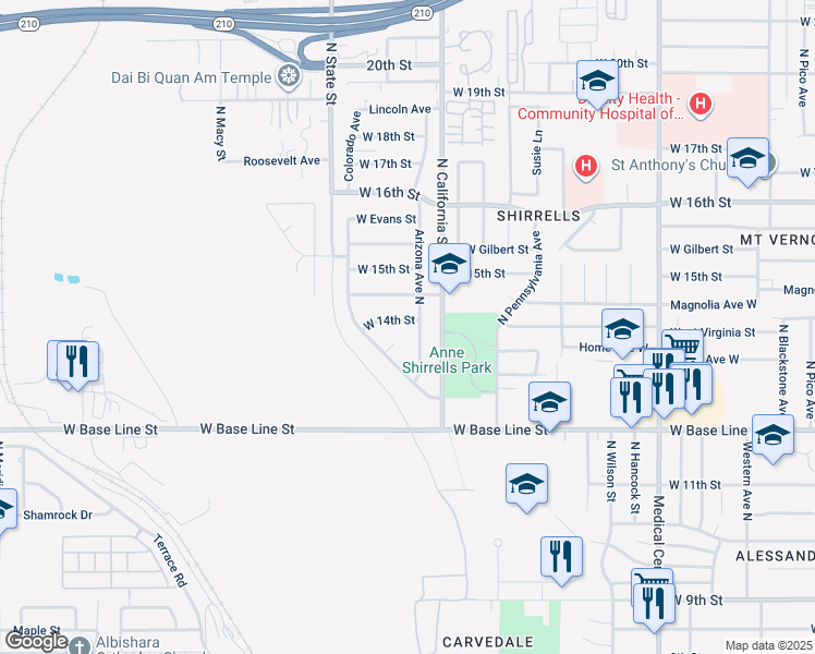 map of restaurants, bars, coffee shops, grocery stores, and more near 1957 West 14th Street in San Bernardino
