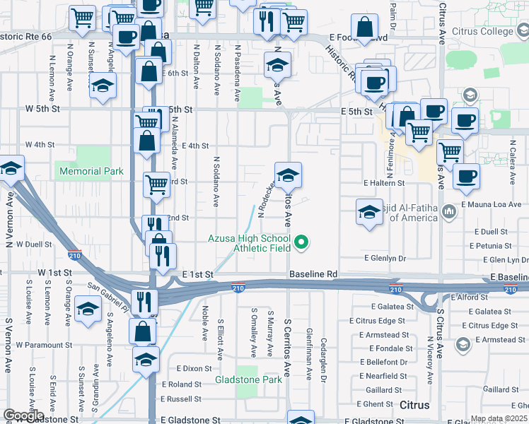 map of restaurants, bars, coffee shops, grocery stores, and more near 204 North Rodecker Drive in Azusa