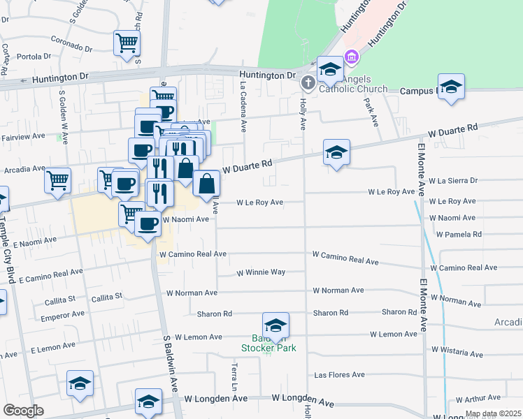 map of restaurants, bars, coffee shops, grocery stores, and more near 468 West Le Roy Avenue in Arcadia