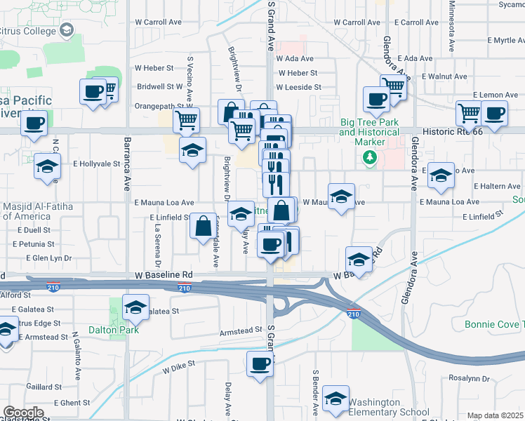 map of restaurants, bars, coffee shops, grocery stores, and more near 801 S Grand Ave in Glendora
