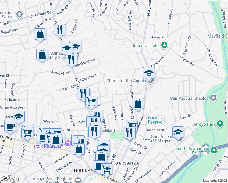map of restaurants, bars, coffee shops, grocery stores, and more near 6251 Church Street in Los Angeles