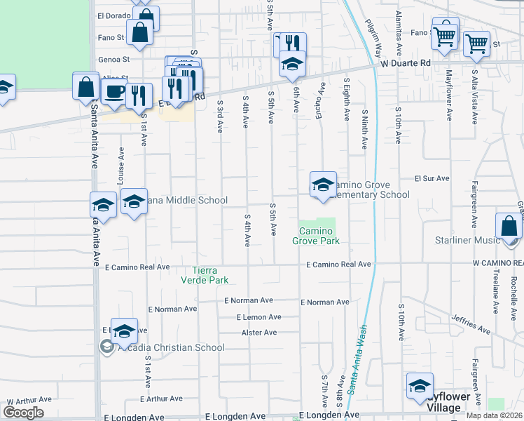 map of restaurants, bars, coffee shops, grocery stores, and more near 420 Leda Lane in Arcadia