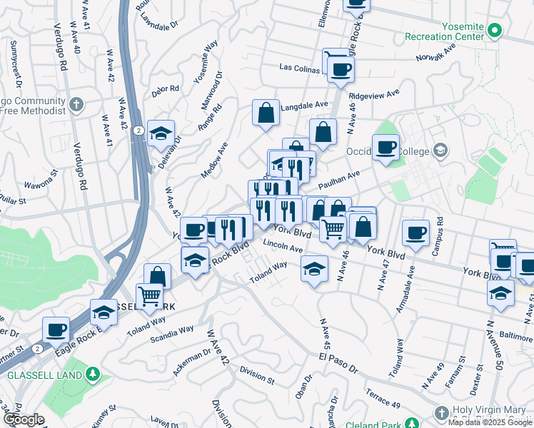 map of restaurants, bars, coffee shops, grocery stores, and more near 4413 Eagle Rock Boulevard in Los Angeles