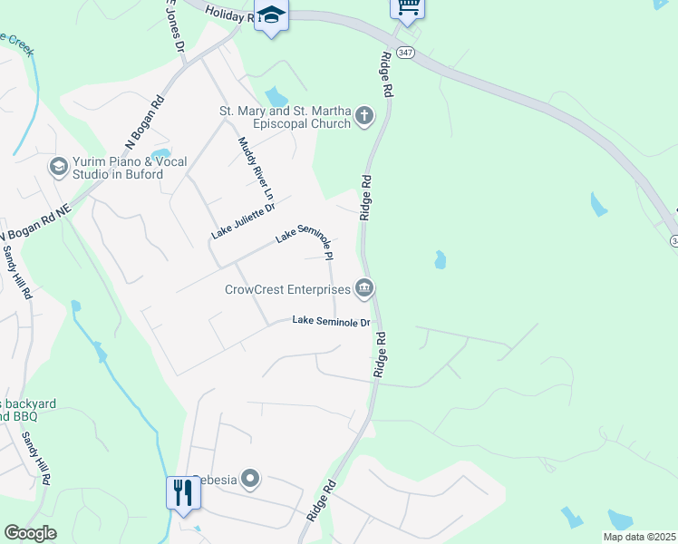 map of restaurants, bars, coffee shops, grocery stores, and more near 3175 Lake Seminole Place in Buford
