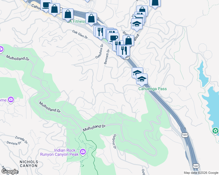 map of restaurants, bars, coffee shops, grocery stores, and more near 7163 Woodrow Wilson Drive in Los Angeles