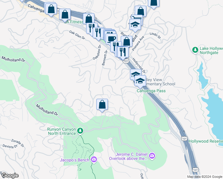 map of restaurants, bars, coffee shops, grocery stores, and more near 7148 Woodrow Wilson Drive in Los Angeles