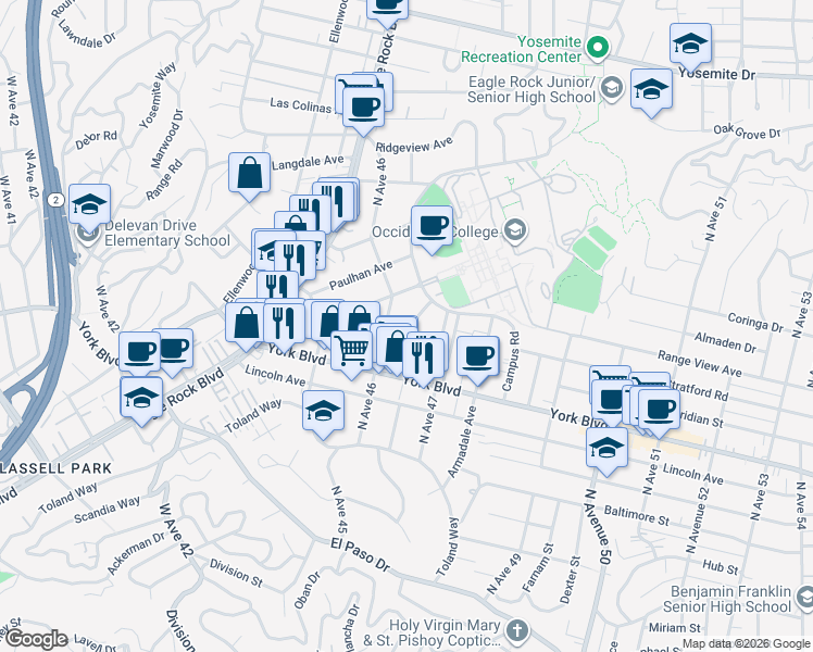 map of restaurants, bars, coffee shops, grocery stores, and more near 1562 North Avenue 46 in Los Angeles