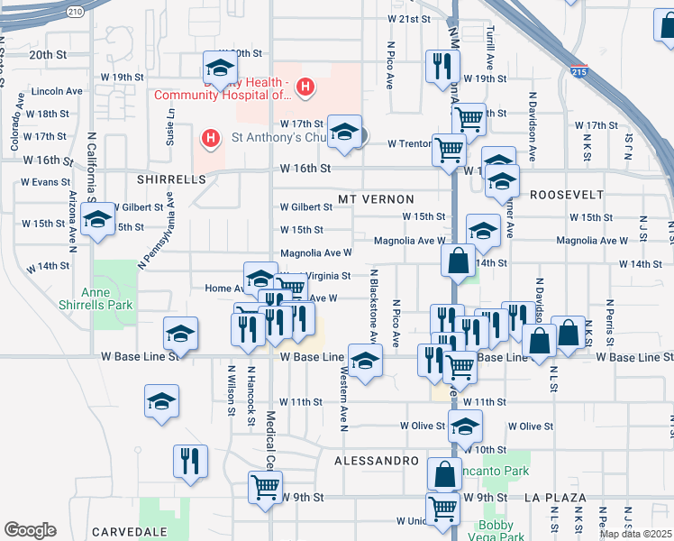 map of restaurants, bars, coffee shops, grocery stores, and more near 1528 West Virginia Street in San Bernardino
