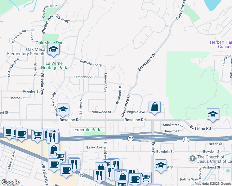map of restaurants, bars, coffee shops, grocery stores, and more near 2072 Maverick Circle in La Verne