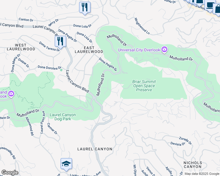 map of restaurants, bars, coffee shops, grocery stores, and more near 8049 Briar Summit Drive in Los Angeles