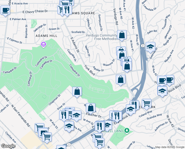 map of restaurants, bars, coffee shops, grocery stores, and more near 3752 York Place in Los Angeles