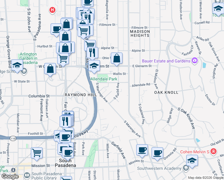 map of restaurants, bars, coffee shops, grocery stores, and more near 295 Marguerita Lane in Pasadena