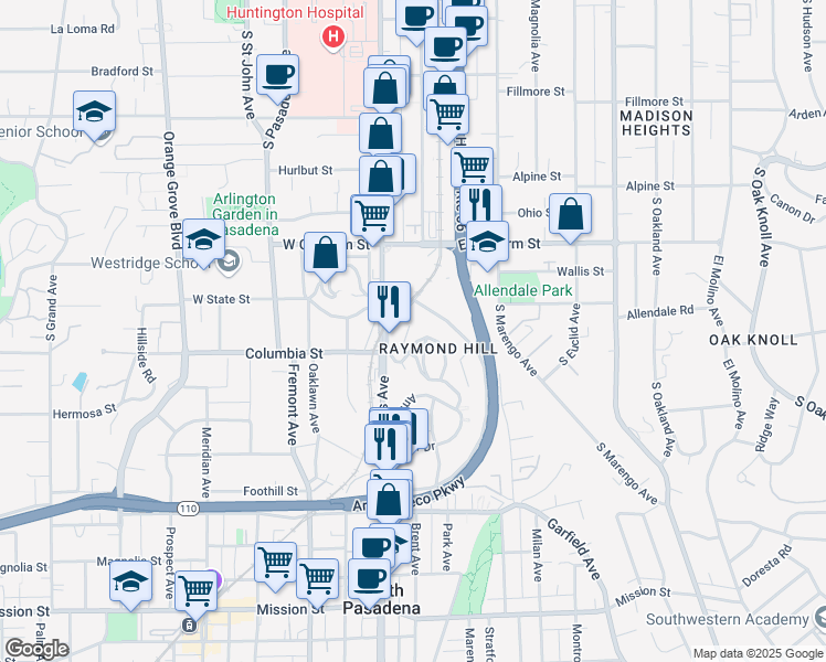 map of restaurants, bars, coffee shops, grocery stores, and more near 180 Mockingbird Lane in South Pasadena
